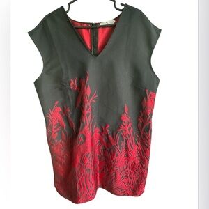 2X HP. NATORI 1X Peacock Print Sleeveless Red & Black Midi Shift Dress